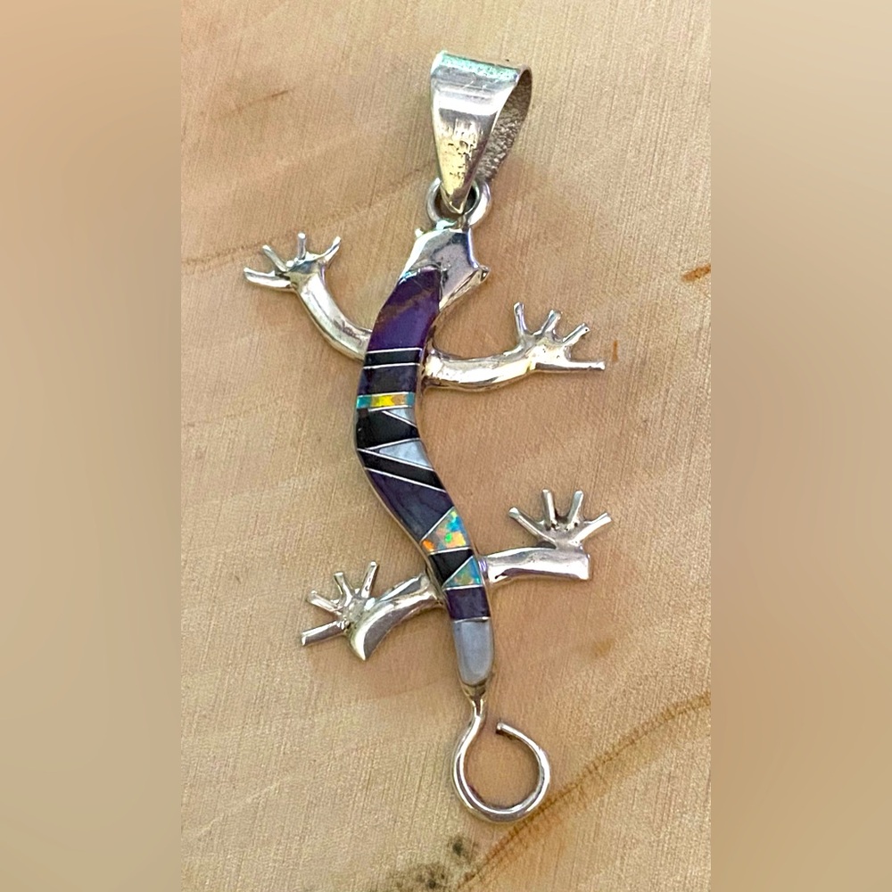 sterling Silver and multi-stone Gecko Pendant